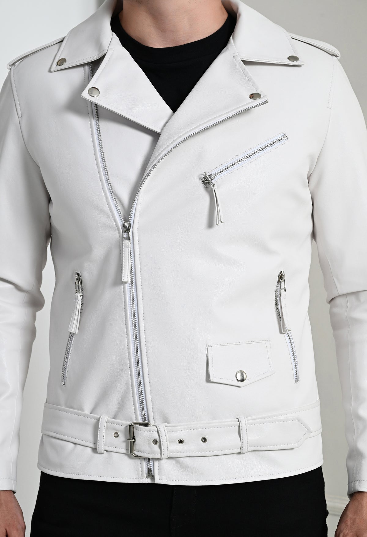 Men Lapel Collar Solid Casual White Biker Jacket – view 4