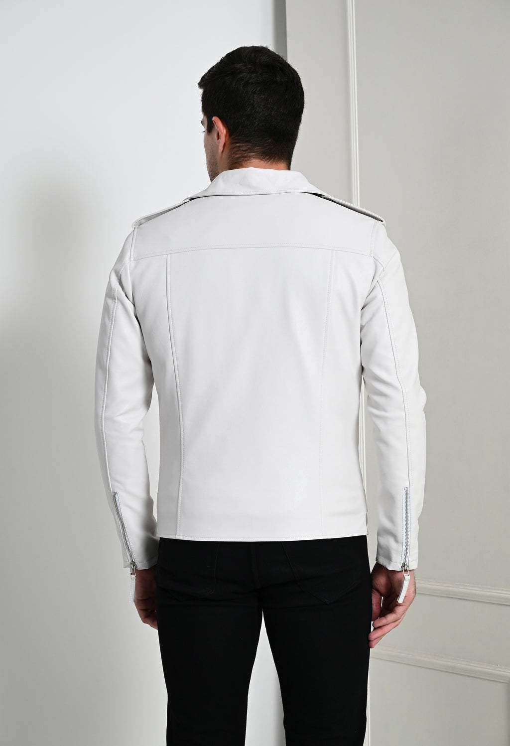 Men Lapel Collar Solid Casual White Biker Jacket – view 5