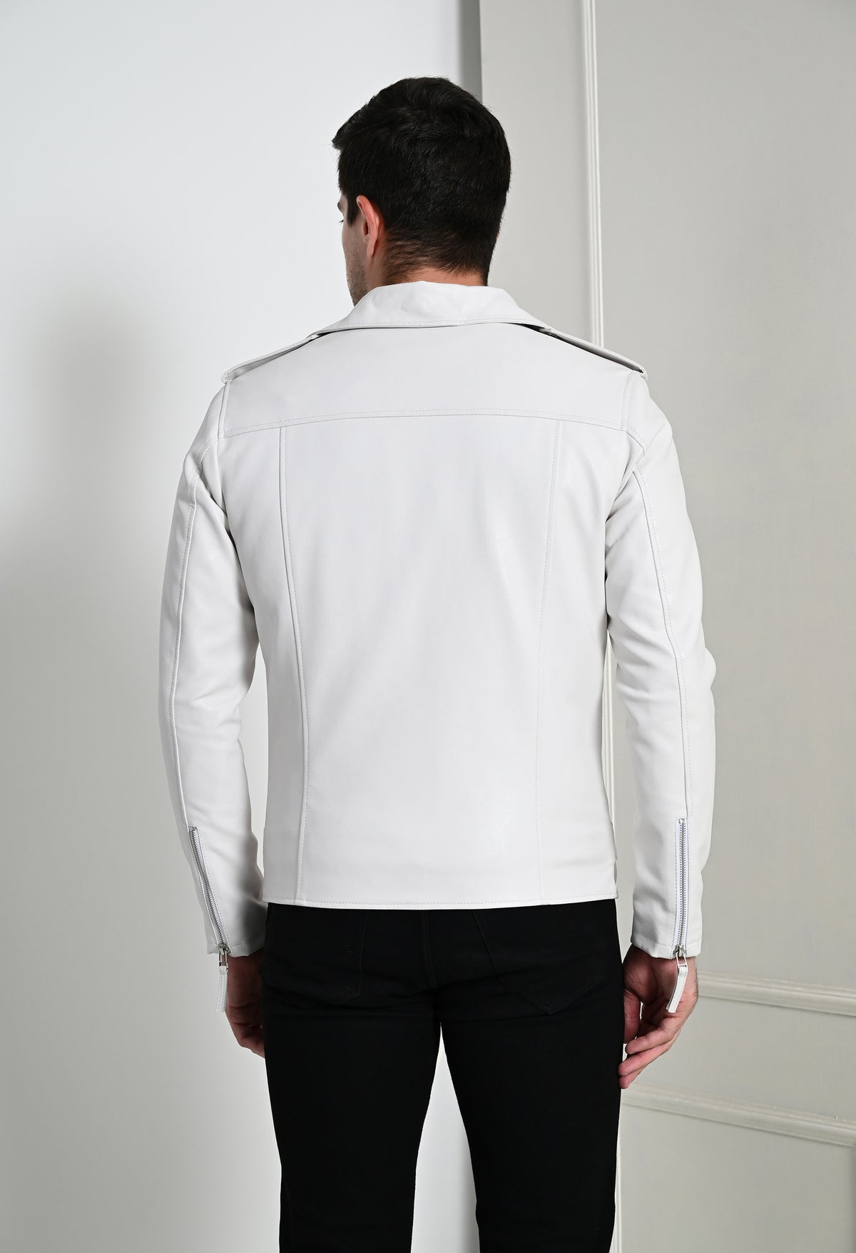 Men Lapel Collar Solid Casual White Biker Jacket – view 5