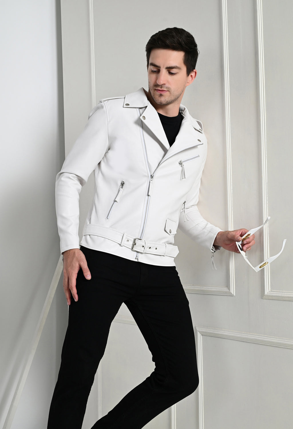 Men Lapel Collar Solid Casual White Biker Jacket – view 6