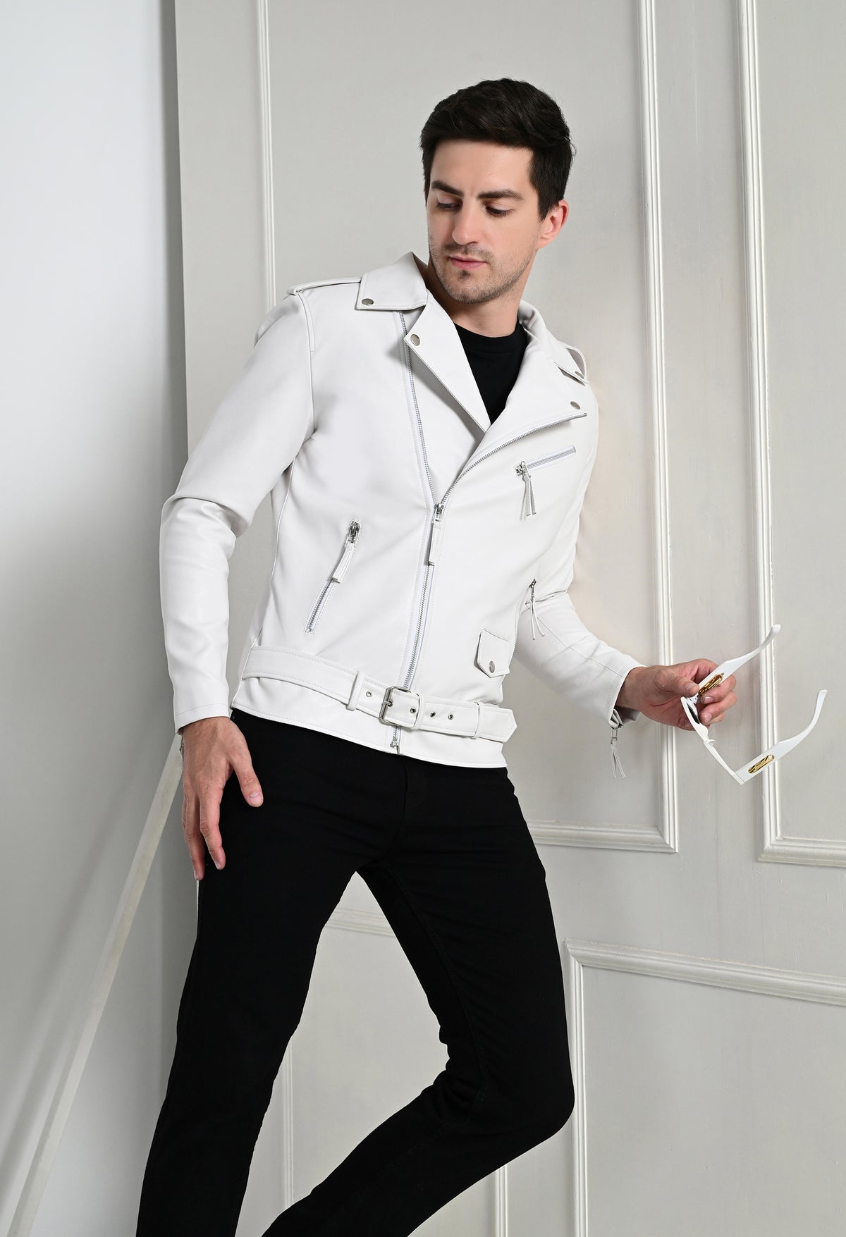 Men Lapel Collar Solid Casual White Biker Jacket – view 6