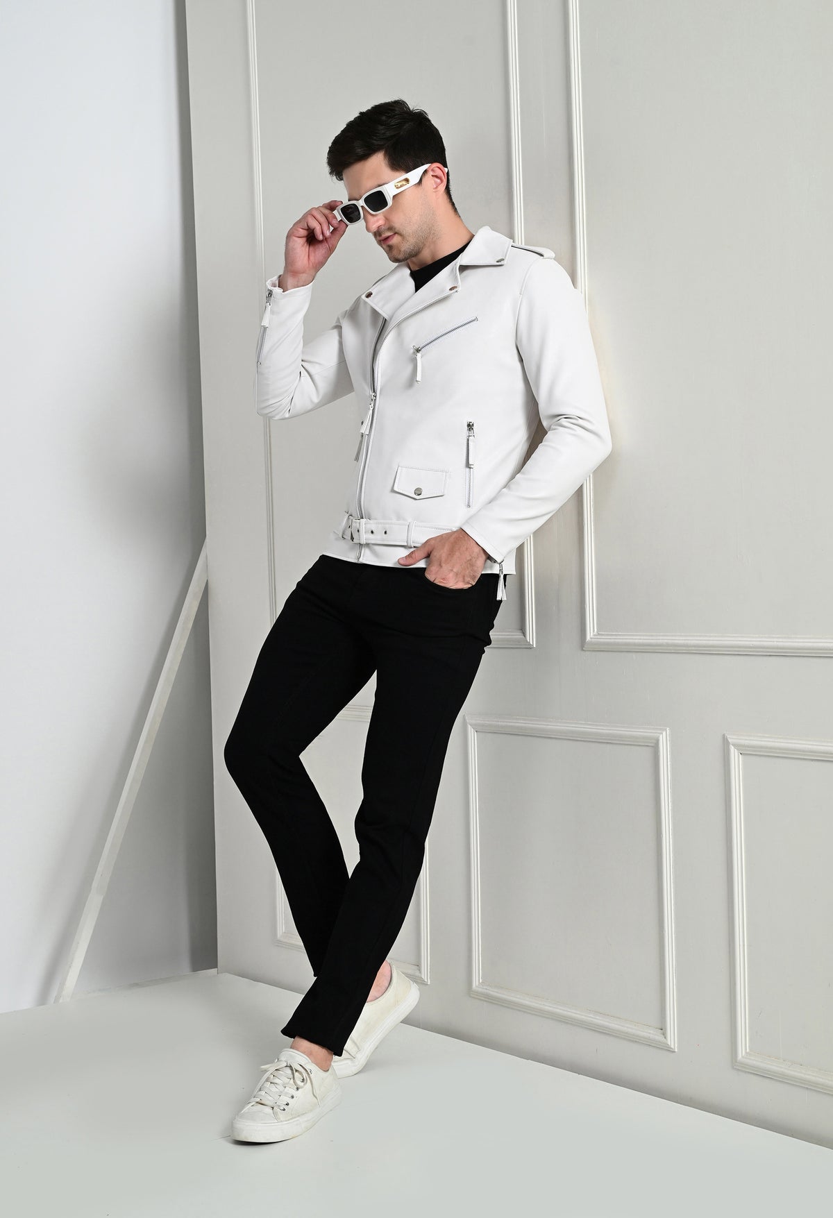Men Lapel Collar Solid Casual White Biker Jacket – view 7