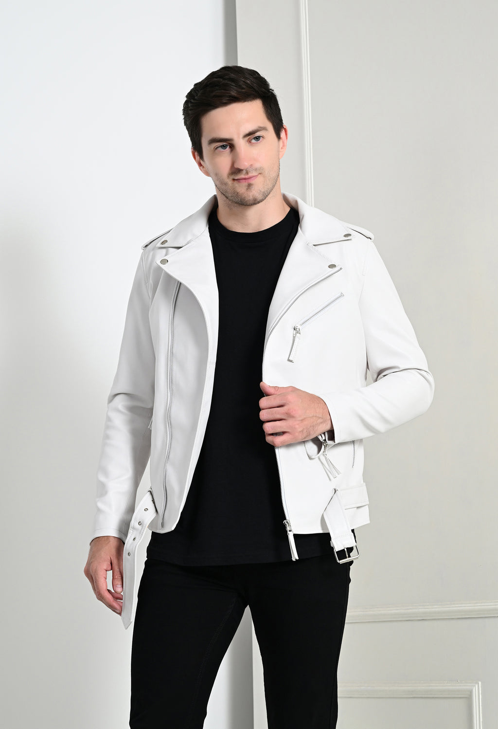 Men Lapel Collar Solid Casual White Biker Jacket – view 8