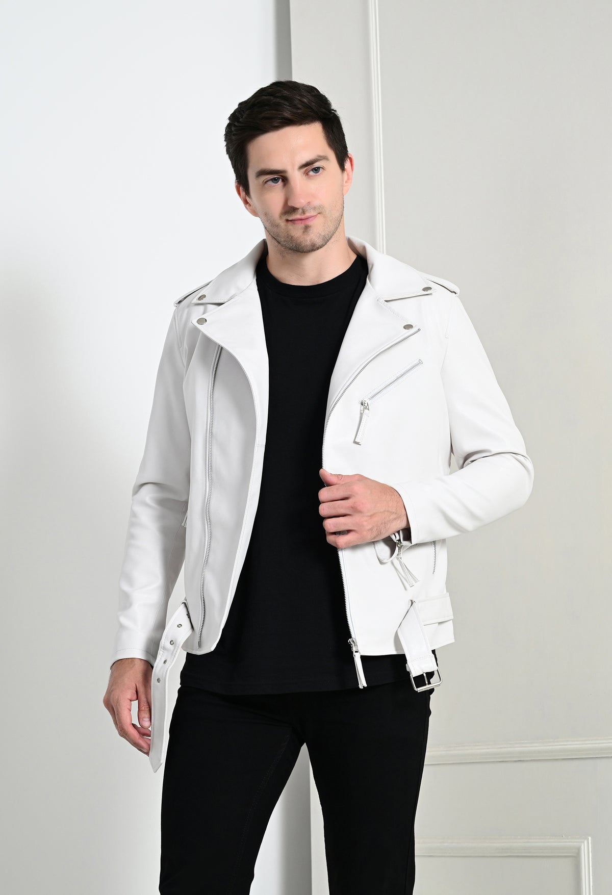 Men Lapel Collar Solid Casual White Biker Jacket – view 8