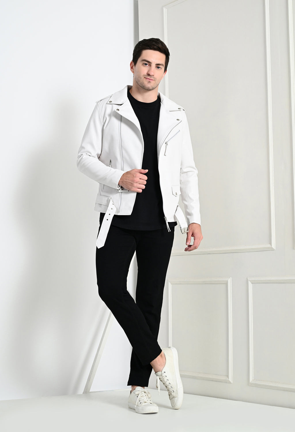 Men Lapel Collar Solid Casual White Biker Jacket – view 9