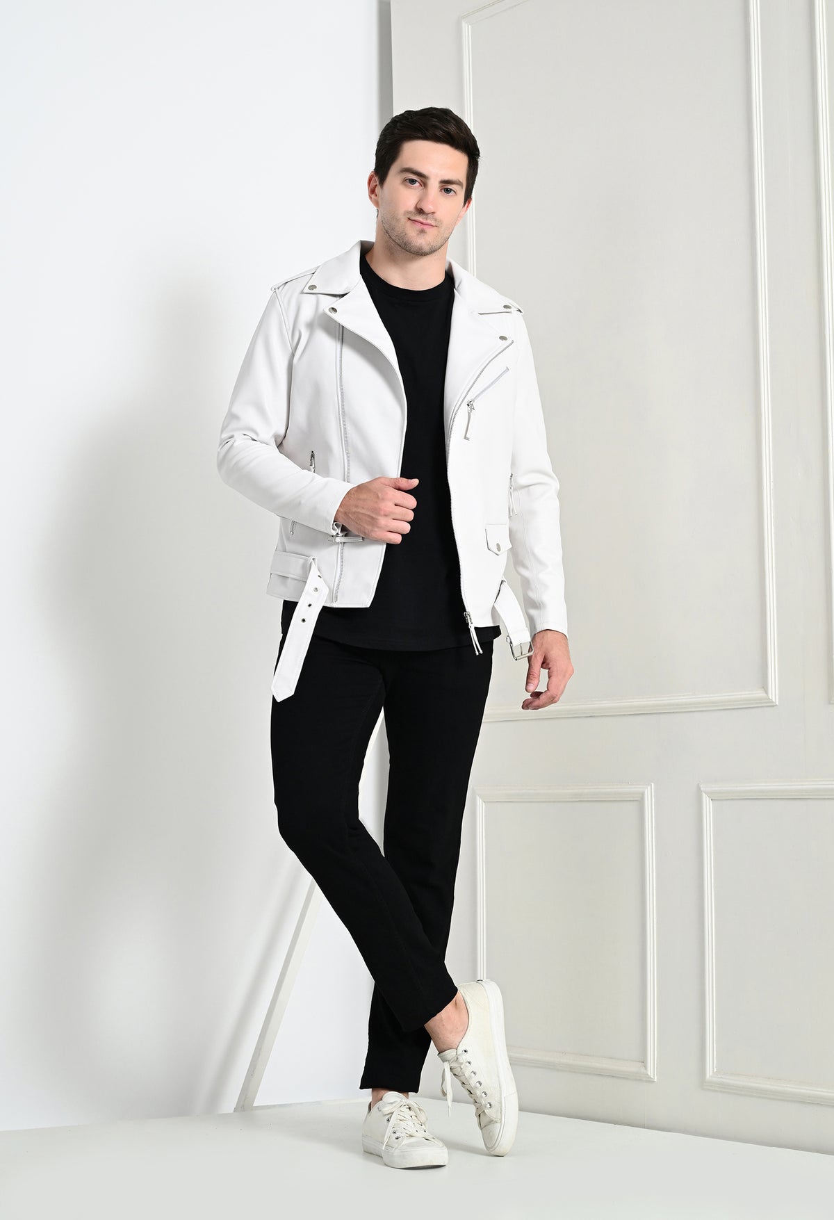 Men Lapel Collar Solid Casual White Biker Jacket – view 9