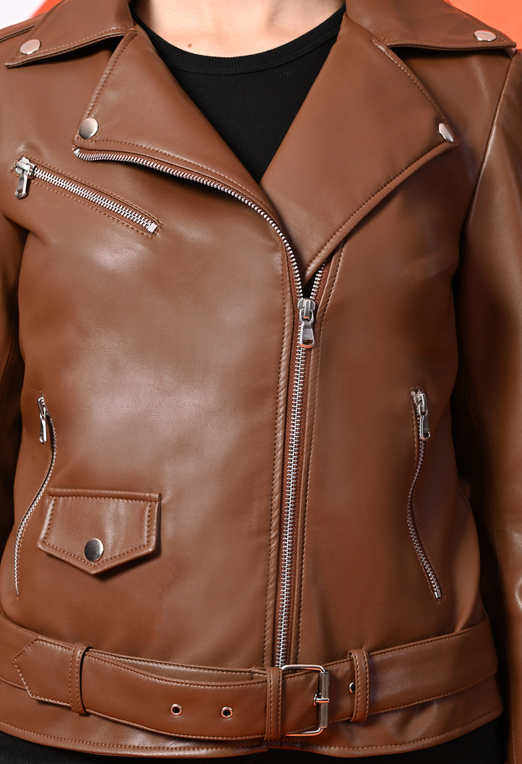 Women Lapel Collar Solid Casual Tan Leather Jacket – view 4