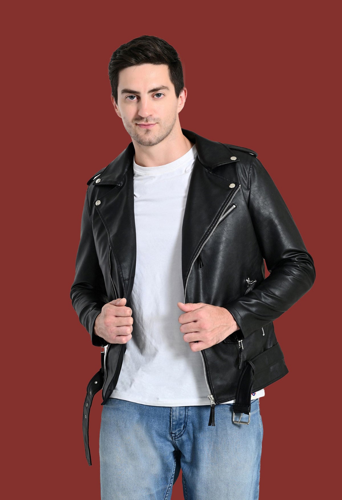 Men Lapel Collar Solid Casual Black Biker Jacket – view 3