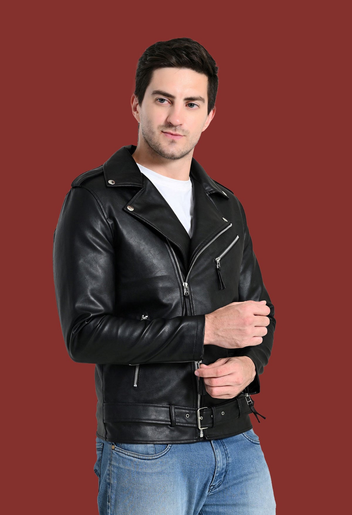 Men Lapel Collar Solid Casual Black Biker Jacket – view 4