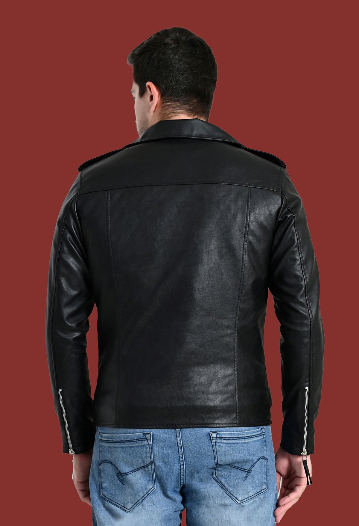 Men Lapel Collar Solid Casual Black Biker Jacket – view 5