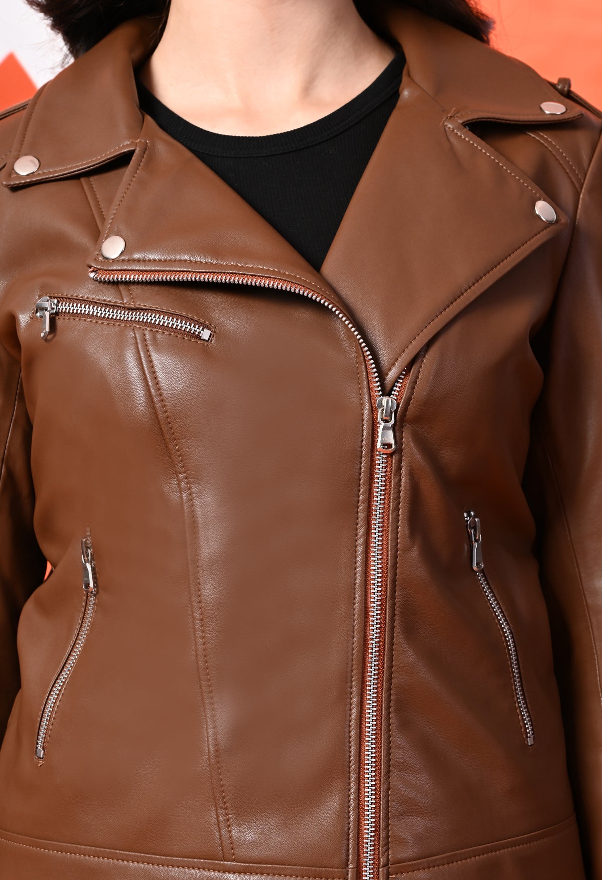 Women Lapel Collar Solid Casual Tan Leather Jacket – view 10
