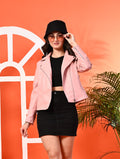 Women Lapel Collar Solid Casual Leather Pink Jacket