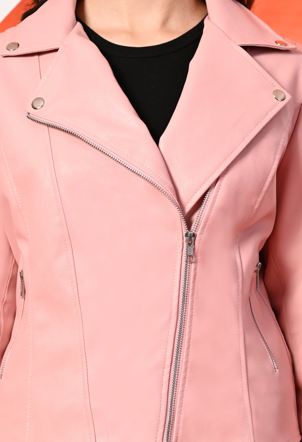 Women Lapel Collar Solid Casual Leather Pink Jacket – view 7