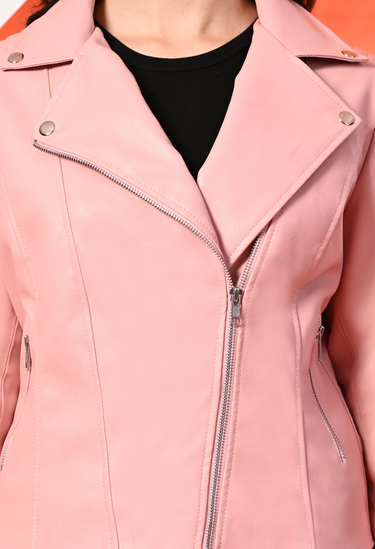 Women Lapel Collar Solid Casual Leather Pink Jacket – view 7