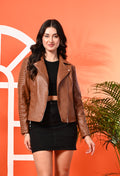 Women Lapel Collar Solid Casual Leather Tan Jacket