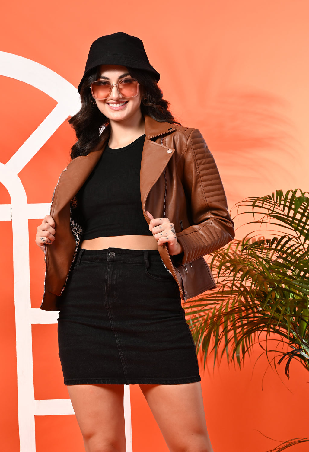 Women Lapel Collar Solid Casual Leather Tan Jacket – view 5