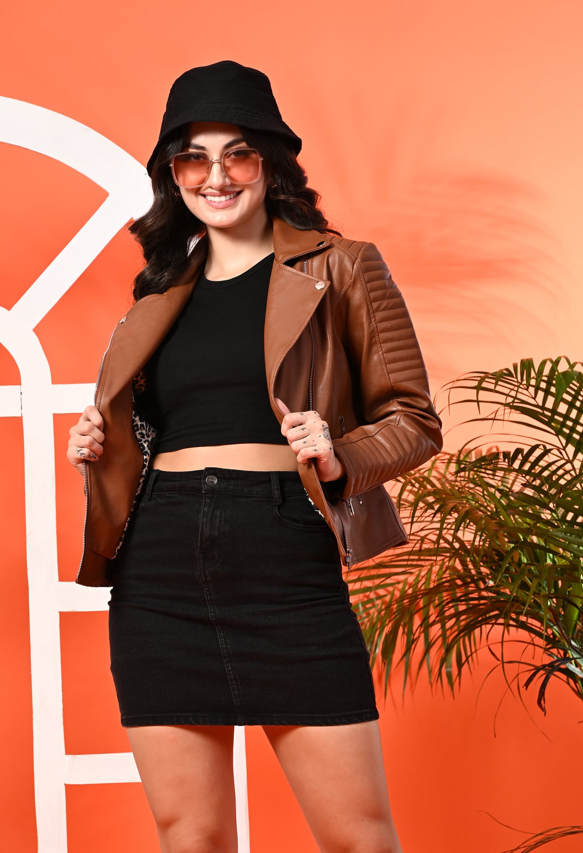 Women Lapel Collar Solid Casual Leather Tan Jacket – view 5