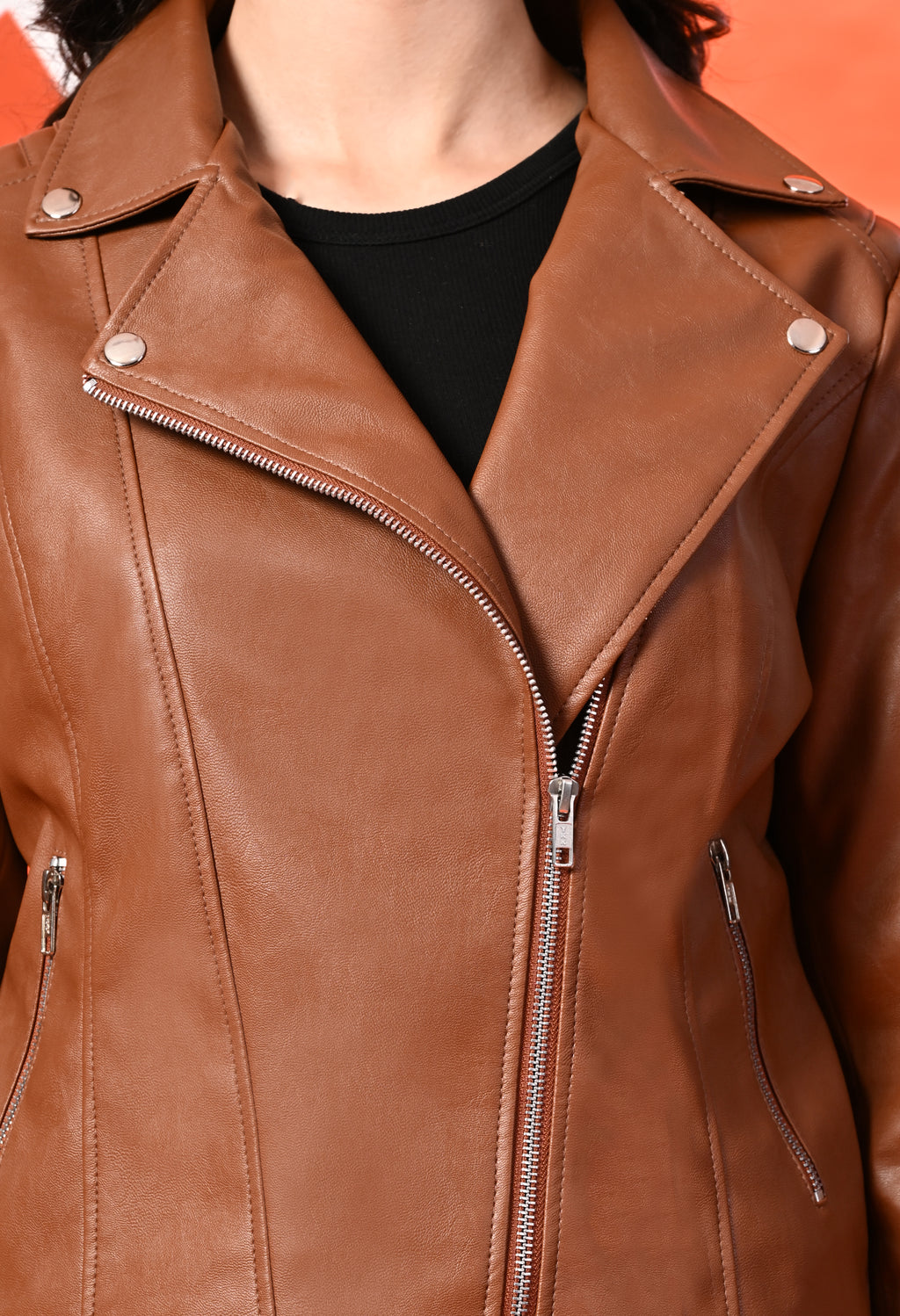 Women Lapel Collar Solid Casual Leather Tan Jacket – view 8