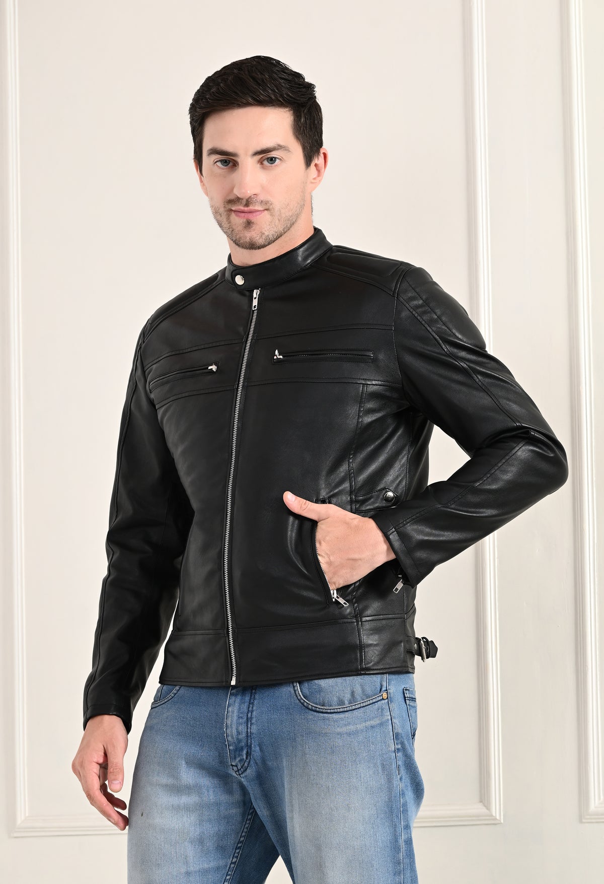 Mandarin Collar Long Sleeves Classic Look Lightweight Black Leather Jacket – view 2
