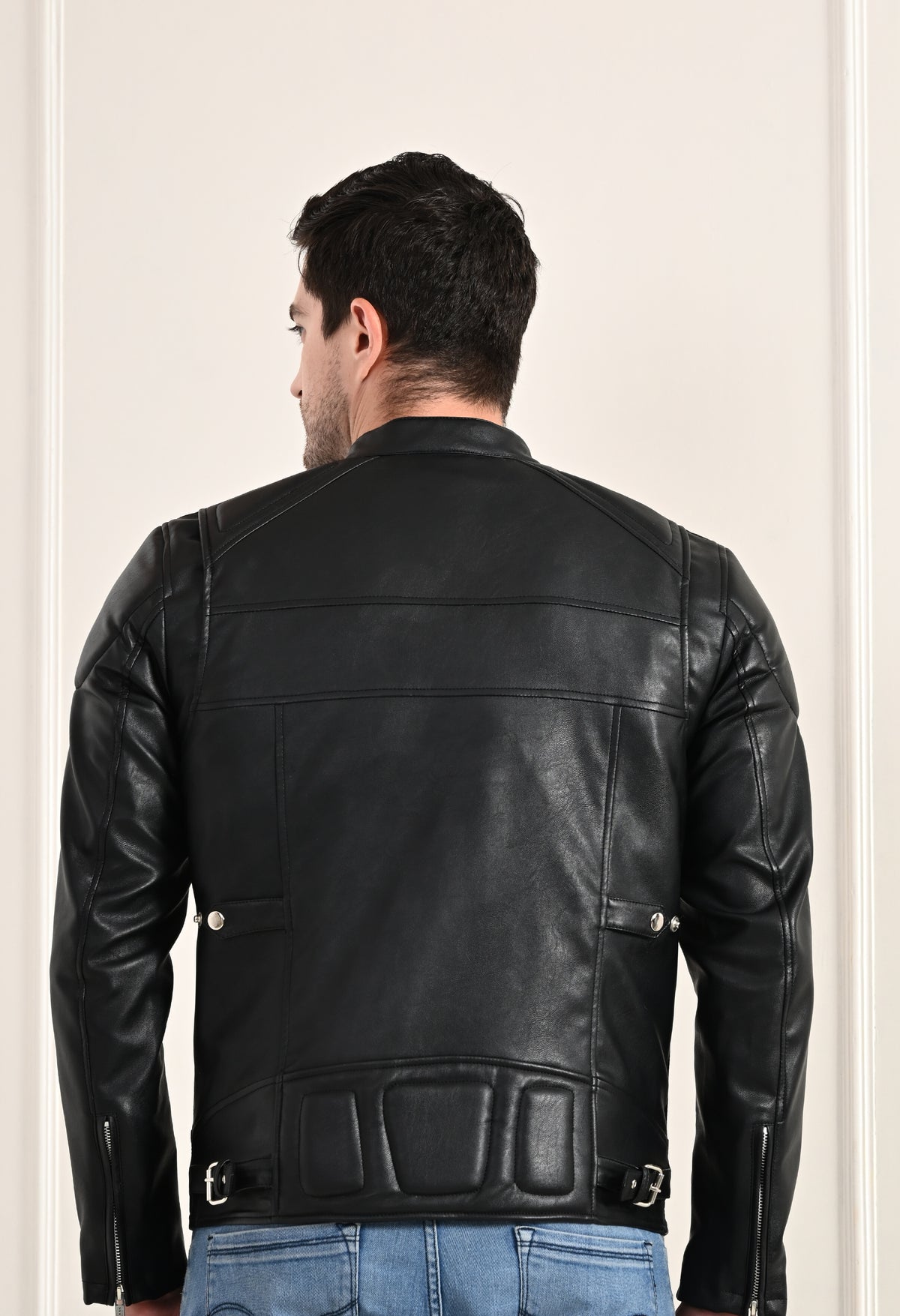 Mandarin Collar Long Sleeves Classic Look Lightweight Black Leather Jacket – view 3