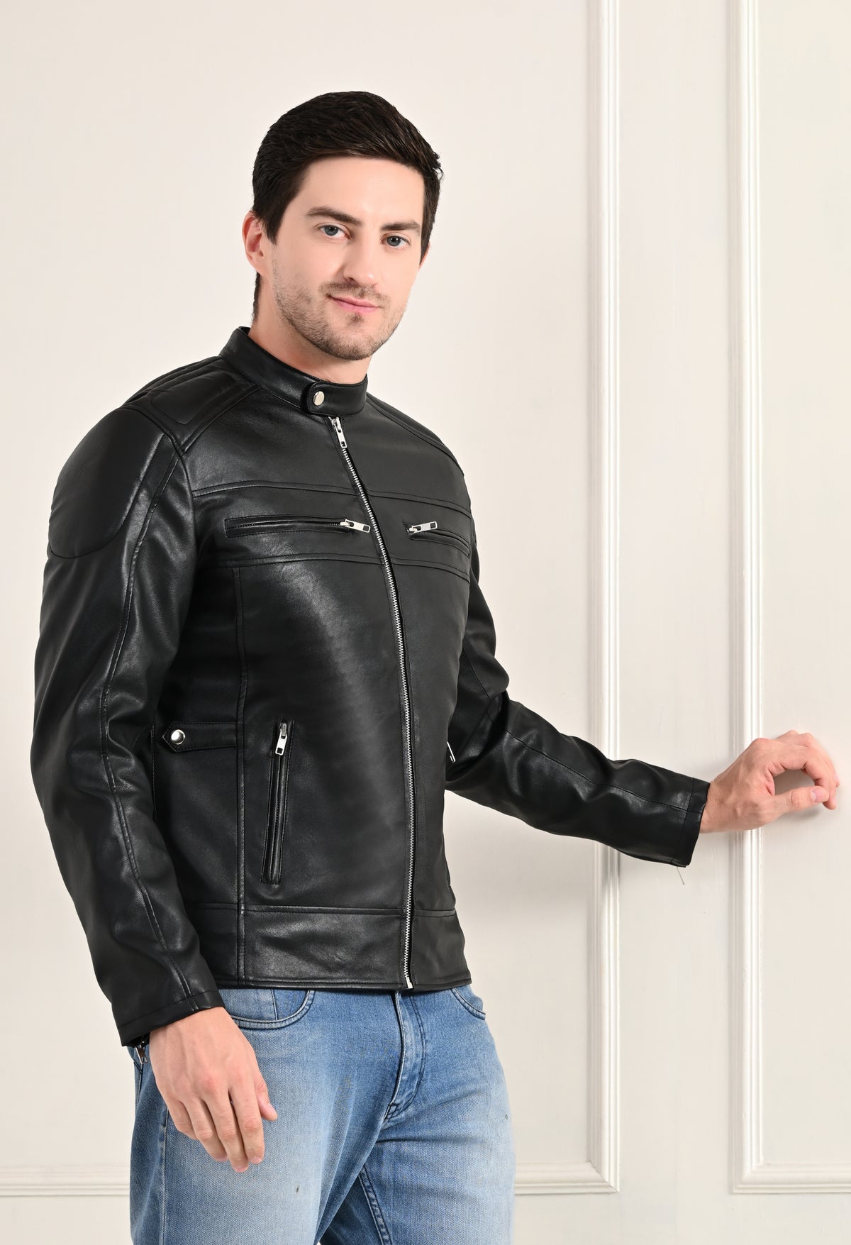 Mandarin Collar Long Sleeves Classic Look Lightweight Black Leather Jacket – view 5