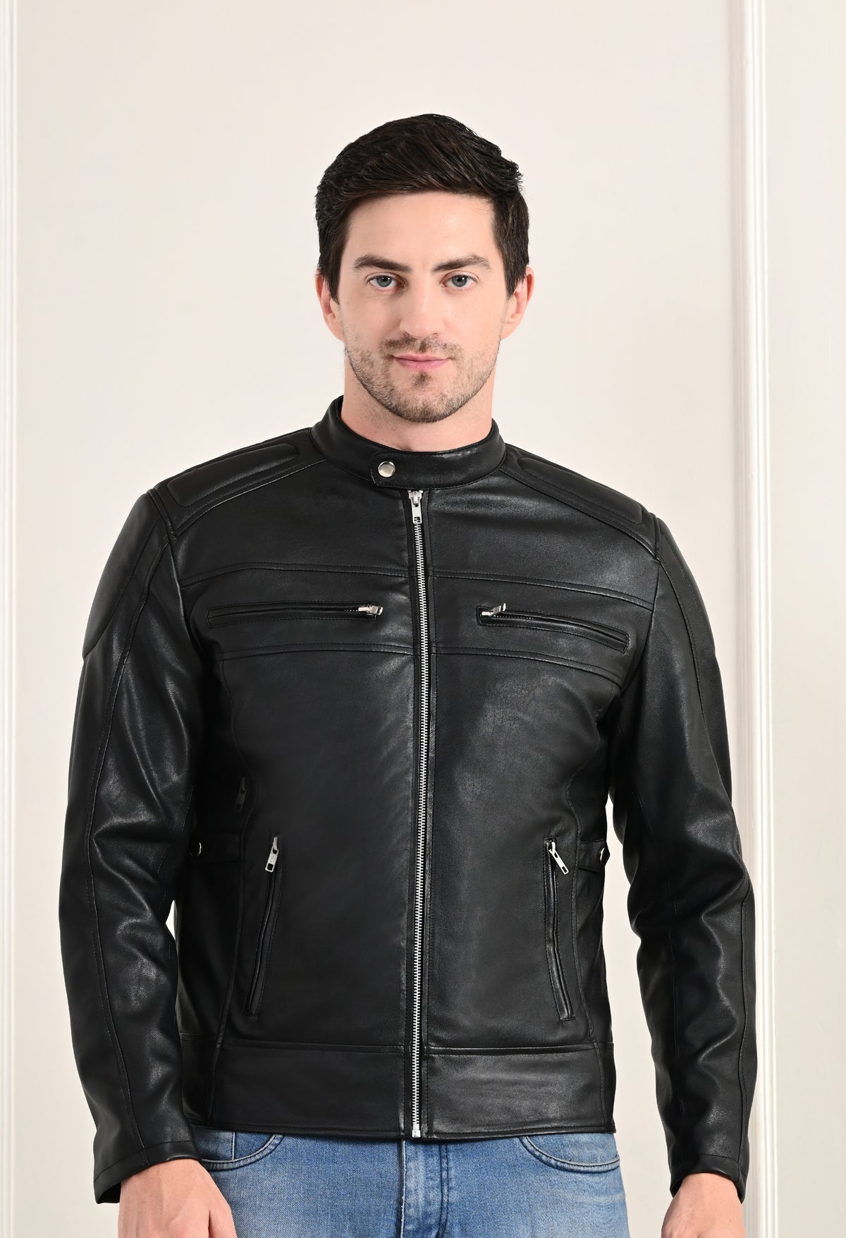 Mandarin Collar Long Sleeves Classic Look Lightweight Black Leather Jacket