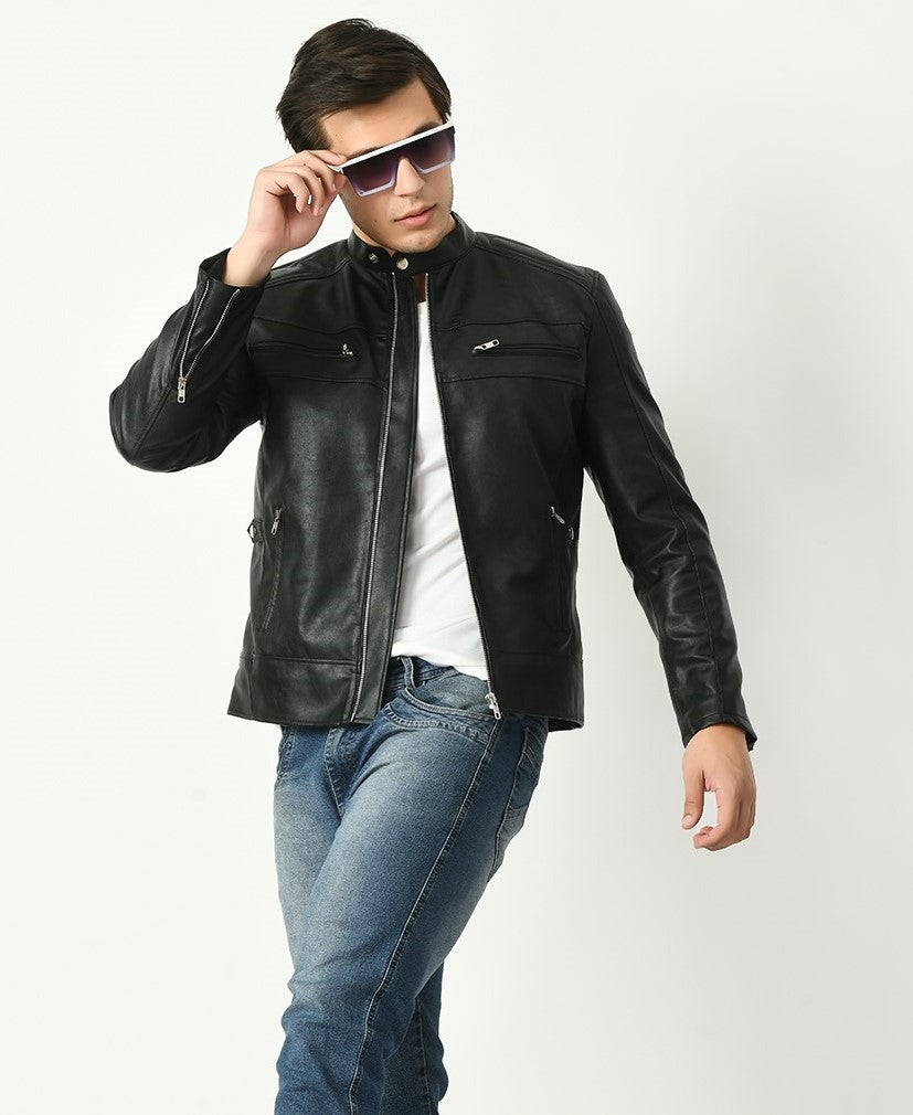 Mandarin Collar Long Sleeves Classic Look Lightweight Black Leather Jacket – view 3