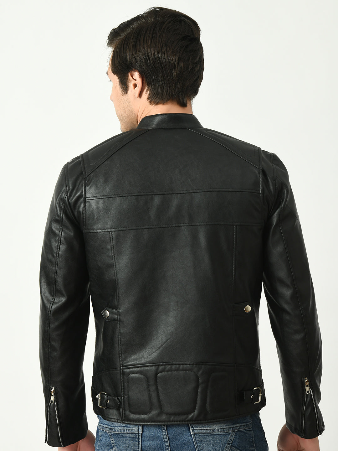 Mandarin Collar Long Sleeves Classic Look Lightweight Black Leather Jacket – view 4