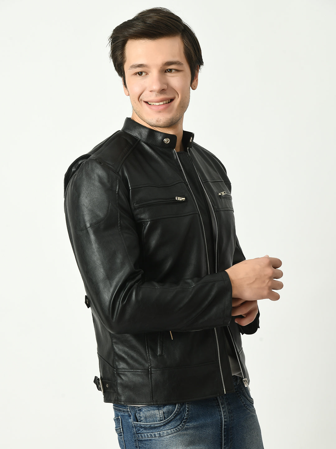 Mandarin Collar Long Sleeves Classic Look Lightweight Black Leather Jacket – view 5