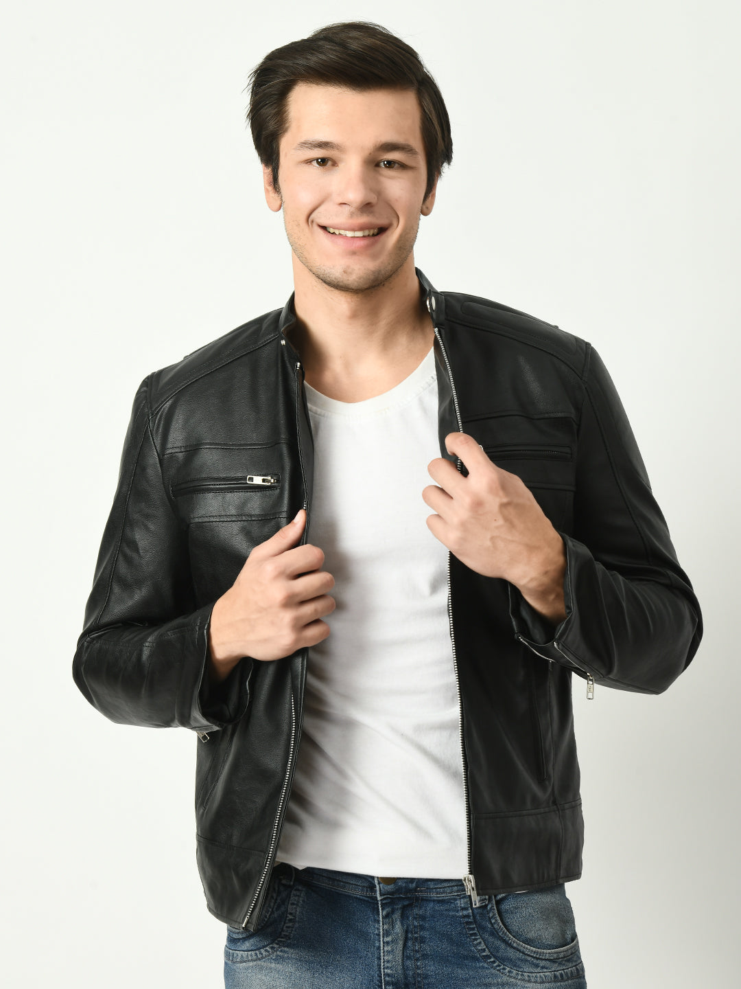 Mandarin Collar Long Sleeves Classic Look Lightweight Black Leather Jacket – view 6