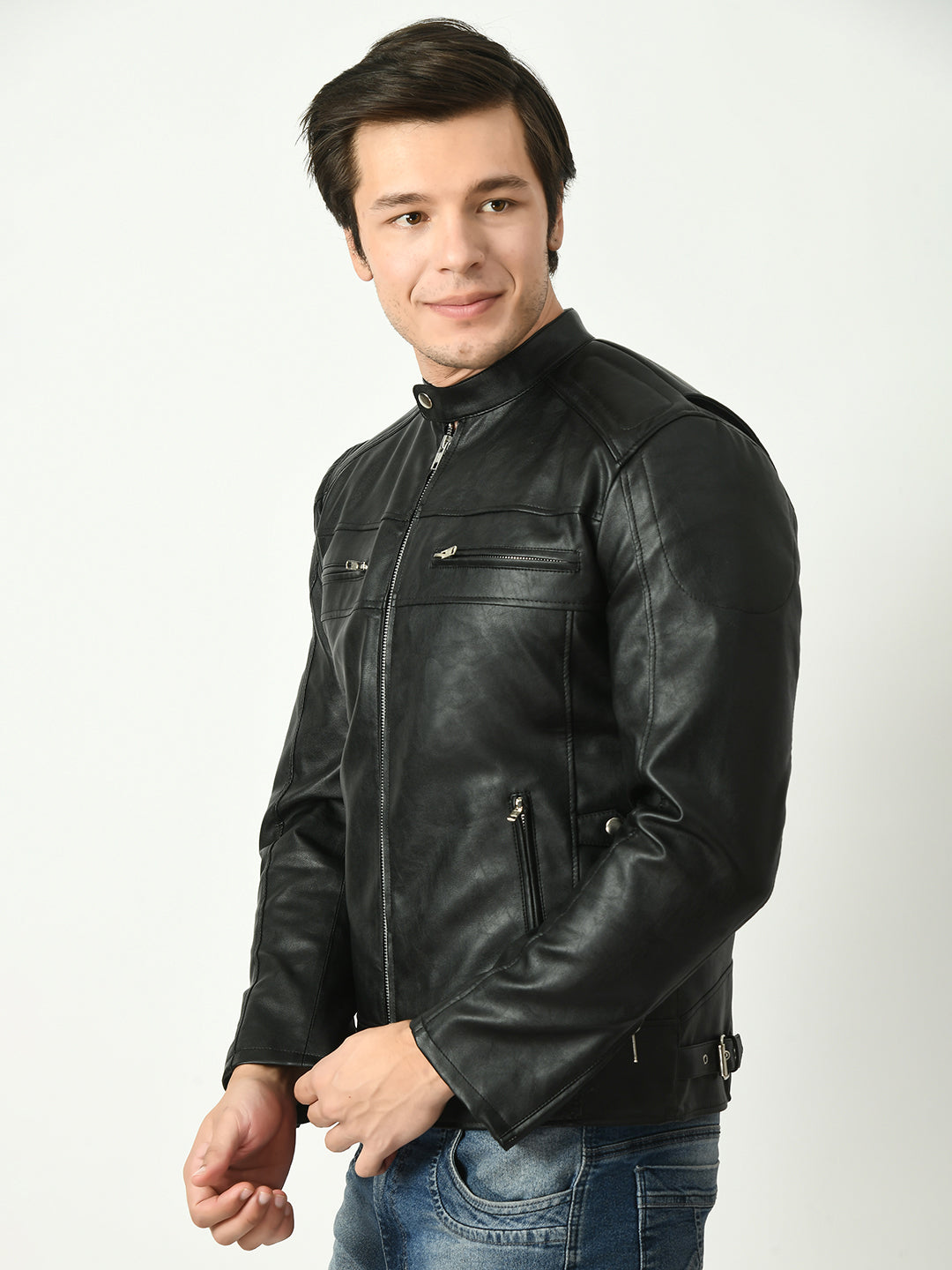 Mandarin Collar Long Sleeves Classic Look Lightweight Black Leather Jacket – view 7