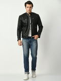 Mandarin Collar Long Sleeves Classic Look Lightweight Black Leather Jacket – view 8