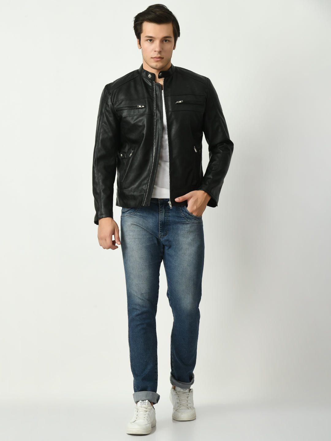 Mandarin Collar Long Sleeves Classic Look Lightweight Black Leather Jacket – view 8
