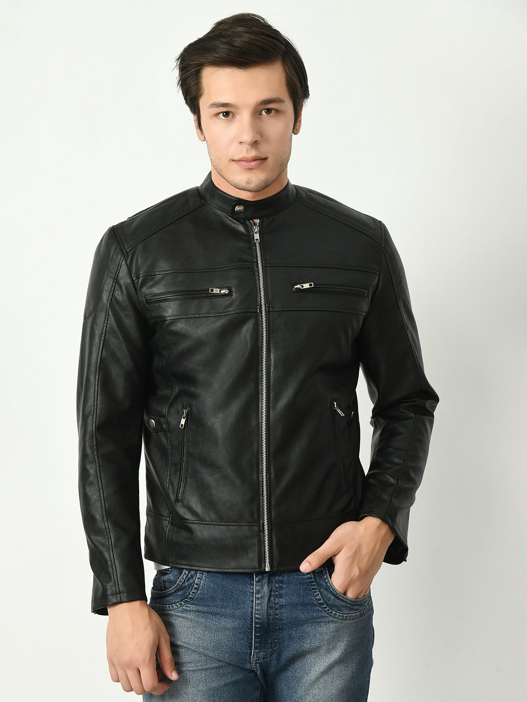 Mandarin Collar Long Sleeves Classic Look Lightweight Black Leather Jacket