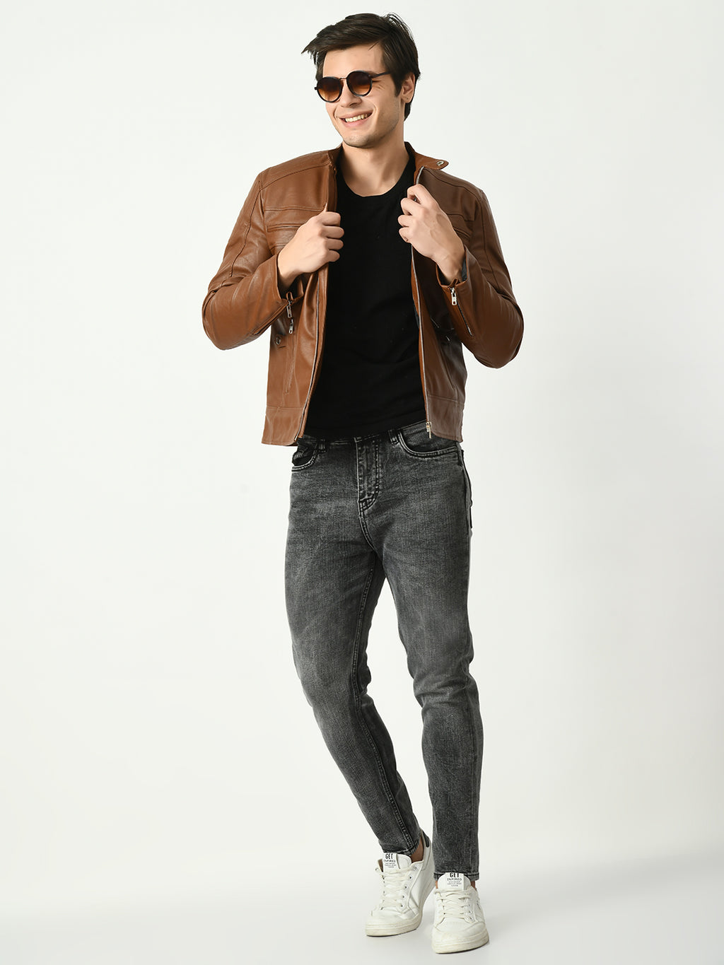 Mandarin Collar Long Sleeves Classic Look Lightweight Tan Leather Jacket – view 10