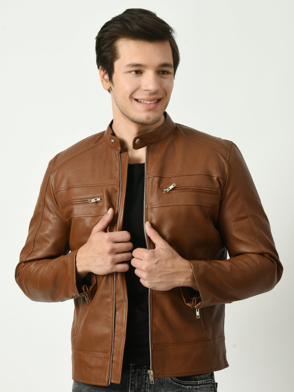Mandarin Collar Long Sleeves Classic Look Lightweight Tan Leather Jacket