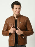 Mandarin Collar Long Sleeves Classic Look Lightweight Tan Leather Jacket