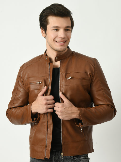 Mandarin Collar Long Sleeves Classic Look Lightweight Tan Leather Jacket