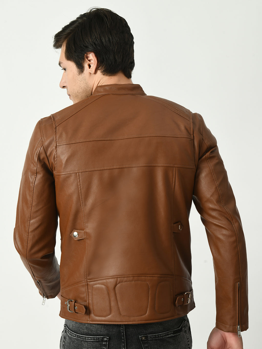 Mandarin Collar Long Sleeves Classic Look Lightweight Tan Leather Jacket – view 2