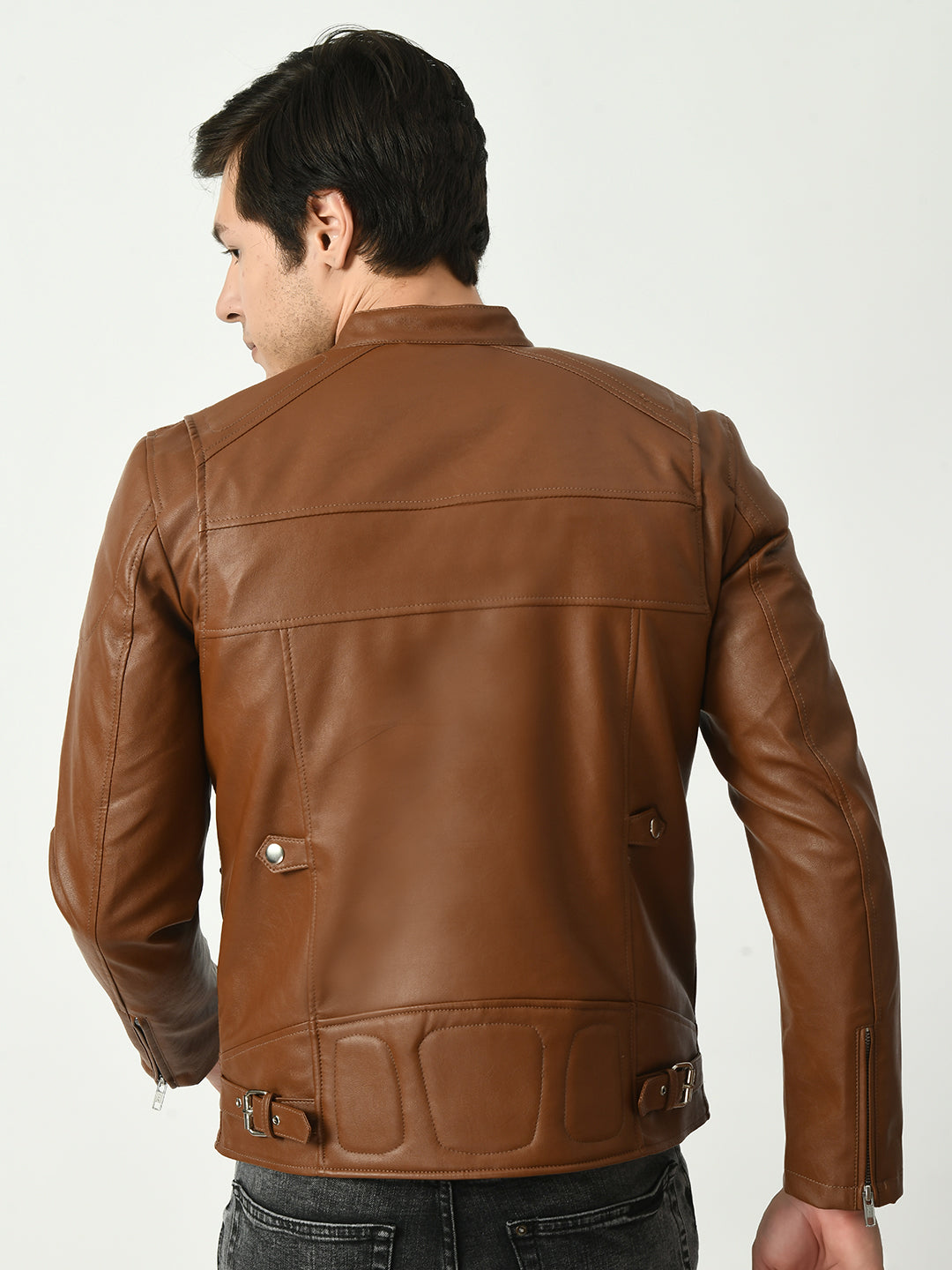 Mandarin Collar Long Sleeves Classic Look Lightweight Tan Leather Jacket – view 2
