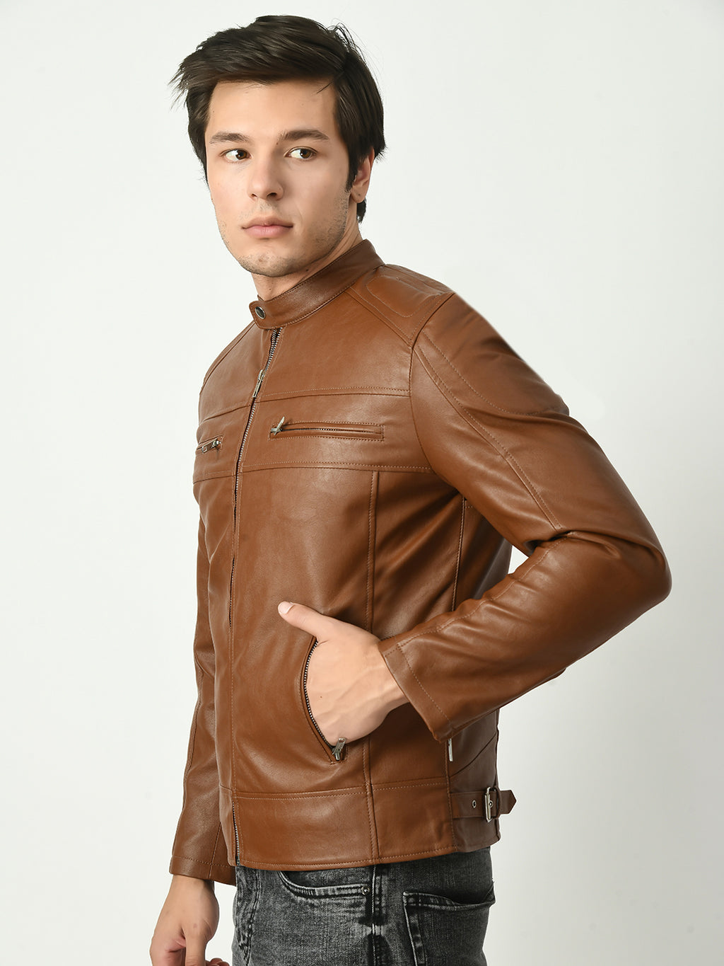 Mandarin Collar Long Sleeves Classic Look Lightweight Tan Leather Jacket – view 3