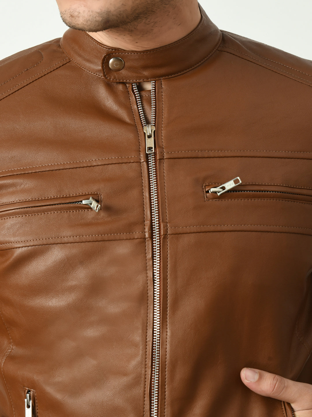 Mandarin Collar Long Sleeves Classic Look Lightweight Tan Leather Jacket – view 4