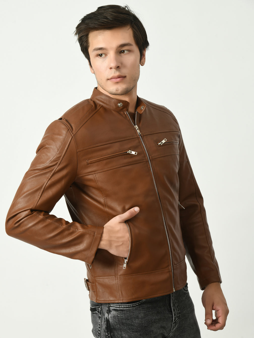 Mandarin Collar Long Sleeves Classic Look Lightweight Tan Leather Jacket – view 5