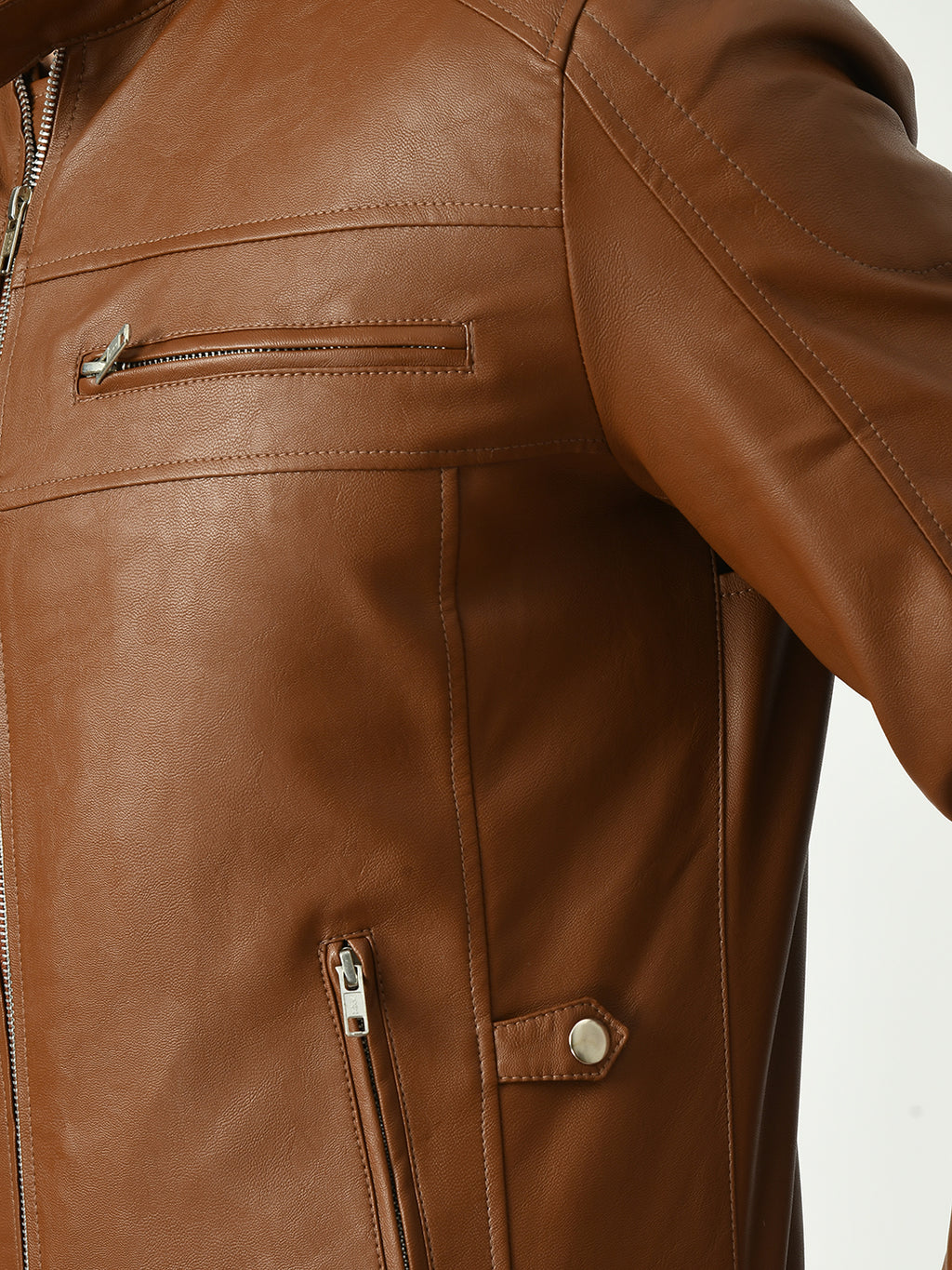 Mandarin Collar Long Sleeves Classic Look Lightweight Tan Leather Jacket – view 6