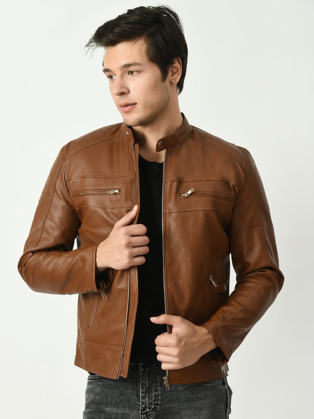 Mandarin Collar Long Sleeves Classic Look Lightweight Tan Leather Jacket – view 7