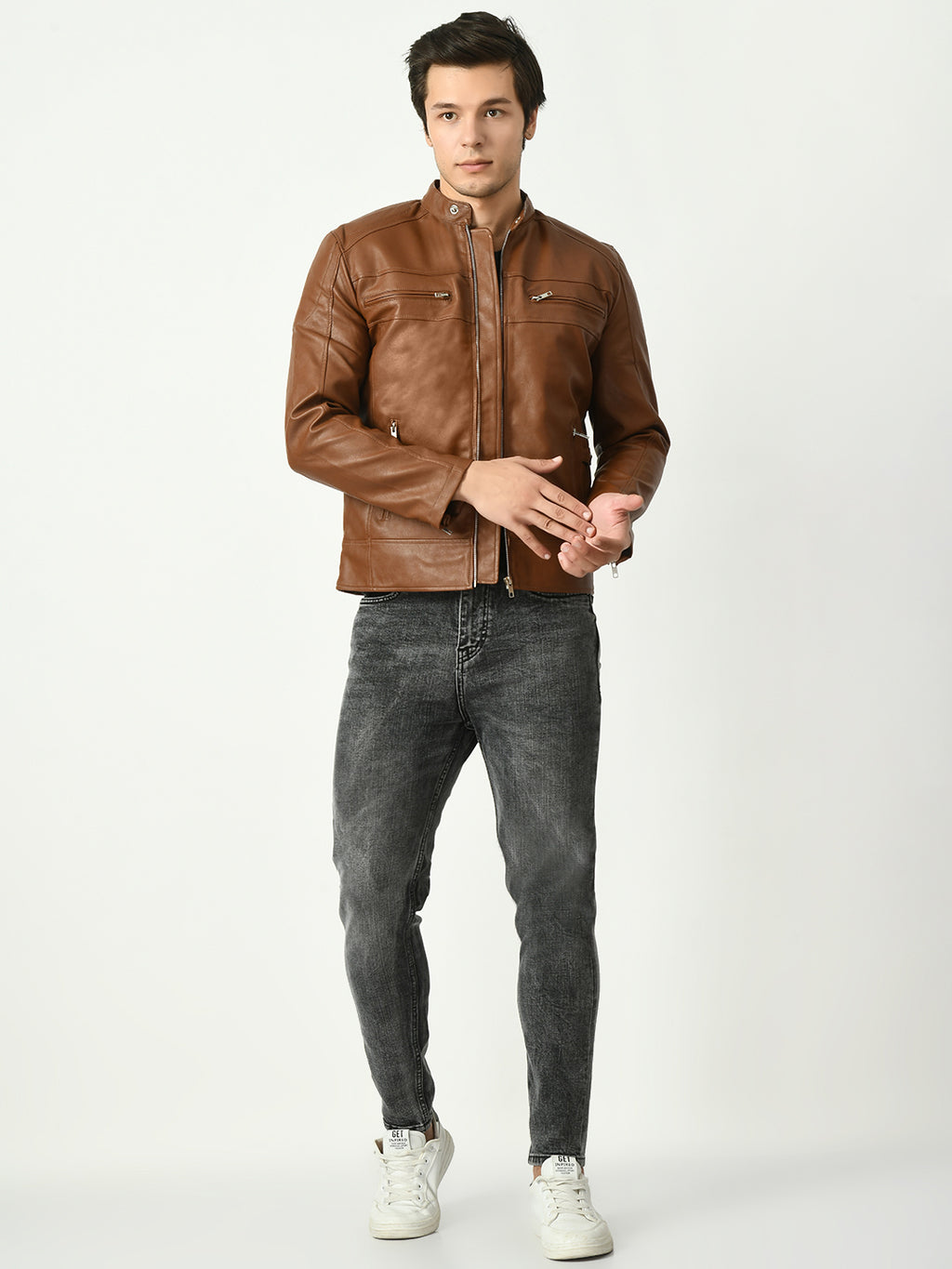 Mandarin Collar Long Sleeves Classic Look Lightweight Tan Leather Jacket – view 8
