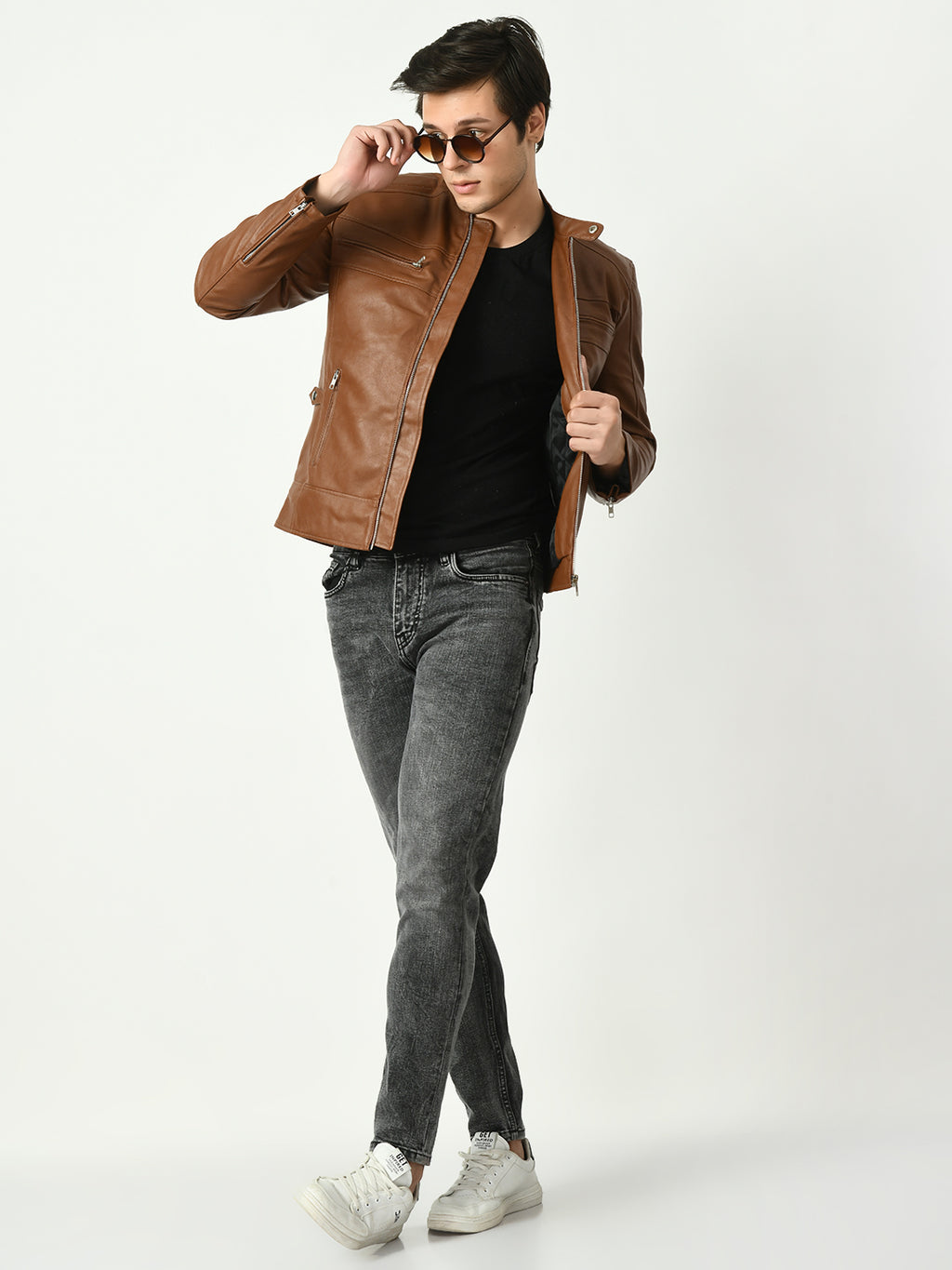 Mandarin Collar Long Sleeves Classic Look Lightweight Tan Leather Jacket – view 9