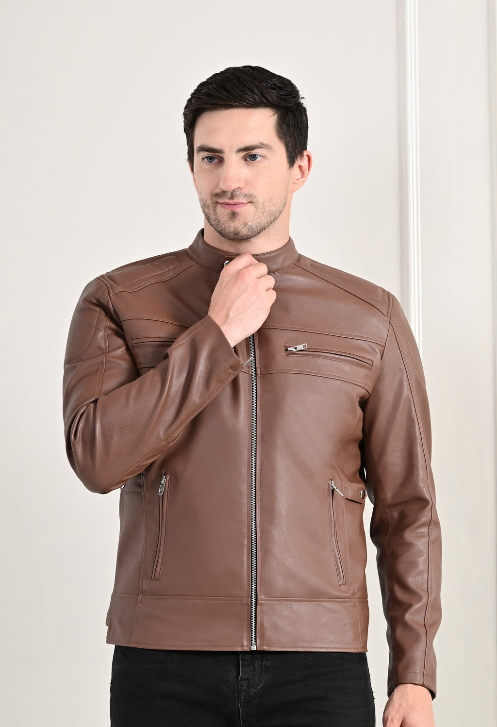 Mandarin Collar Long Sleeves Classic Look Lightweight Tan Leather Jacket