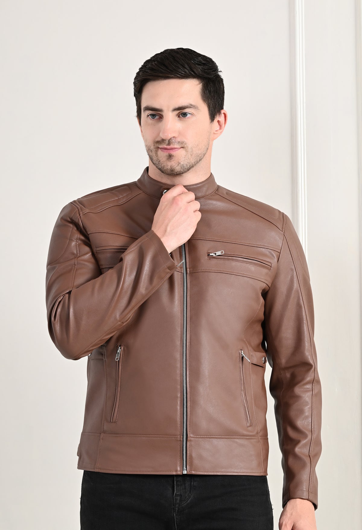 Mandarin Collar Long Sleeves Classic Look Lightweight Tan Leather Jacket