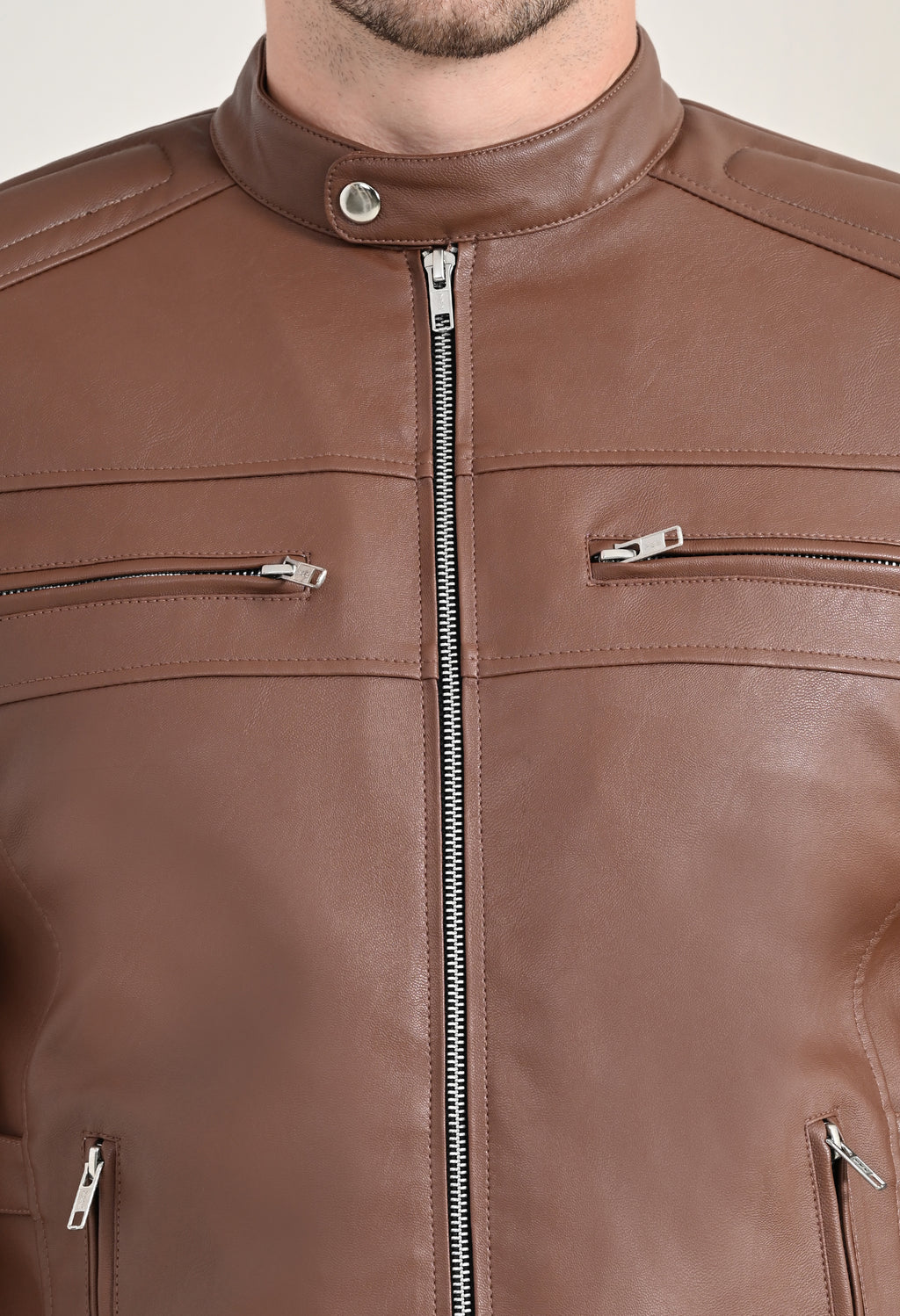 Mandarin Collar Long Sleeves Classic Look Lightweight Tan Leather Jacket – view 2